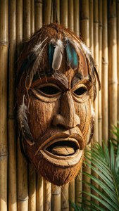 Mask ya tiki iliyotengenezwa kwa kifua cha kifua na vifaru kwenye ukuta wa mwanzi na mwanga wa joto. — iPhone 5 Picha ya Ukuta