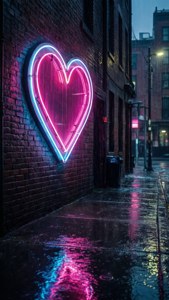 Alama ya mioyo ya neon kwenye ukuta wa uongo wa jiji wakati wa mvua. — Pendo la urembo Picha ya Ukuta