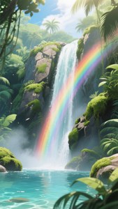 Maporomoko ya maji ya anime ya kuvutia yenye upinde wa mvua kwenye ukungu. — Mandhari ya anime Picha ya Ukuta