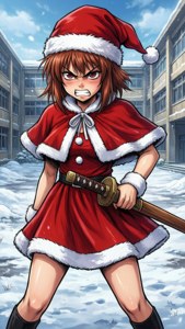 Taiga Aisaka katika mwiko wa Santa na mwiko wa mbao katika theluji — Anime ya krismasi Picha ya Ukuta