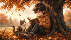 Mtoto wa anime akisoma kitabu na paka chini ya mti wakati wa majira ya kupukutika kwa majani. — Watoto wa anime Picha ya Ukuta
