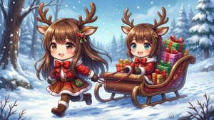 Mchoro wa anime chibi wa mabinti kama reindeer wakikonda kitoroli na hadi — Anime ya krismasi Picha ya Ukuta