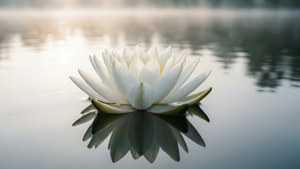 Lotus nyeupe tulivu ikielea juu ya maji yaliyotulia, ikionyesha uzuri wa kimsingi. — Nyeupe aesthetic Picha ya Ukuta