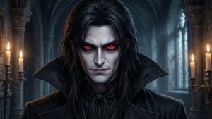 Picha ya anime ya kupendeza ya vampire kwenye kasri ya gothic.