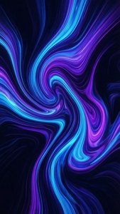 Sanaa ya kuvutia ya maji ya abstract na vorti za neon bluu na zambarau kwenye mwili wa giza, kamili kwa iPhone Xs.