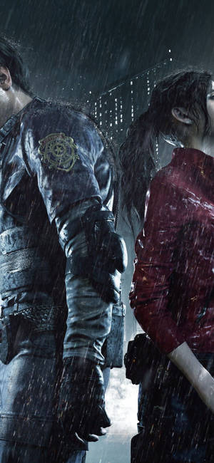 Picha ya Resident Evil 2 Remake Leon Kennedy na Claire Redfield kwa iPhone.