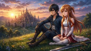 Picha ya ukutani ya Kirito na Asuna wakifurahia machweo huko Aincrad — Mwanandoa wa anime Picha ya Ukuta