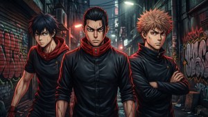 Picha ya ukuta ya kikundi cha kusisimua cha Mikey, Draken, na Takemichi kutoka Tokyo Revengers wakiwa kwenye kichochoro chenye giza. — Tokyo revengers Picha ya Ukuta