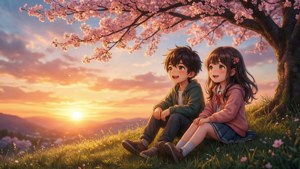 Watoto wawili wa anime wanafurahia machweo ya amani chini ya miti ya maua ya cherry. — Watoto wa anime Picha ya Ukuta