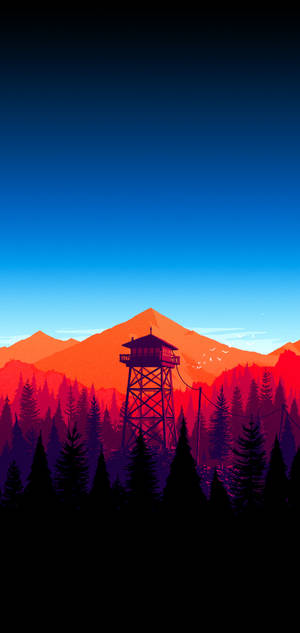 AMOLED wallpaper wa mandhari ya mlima na miti inayoshuka katika anga ya bluu yenye gradient. — iPhone 12 Pro Max Picha ya Ukuta