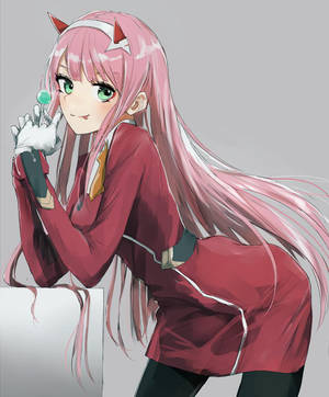 Zero Two leaning and eating lollipop wallpaper. — Motorola Razr 70 Ultra Picha ya Ukuta