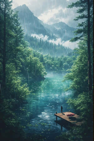 anime,ziwa,rain,msitu,kijani,mist,milima,dock,sawa,melancholic,asili,scenery,4K — iPhone 4 Picha ya Ukuta
