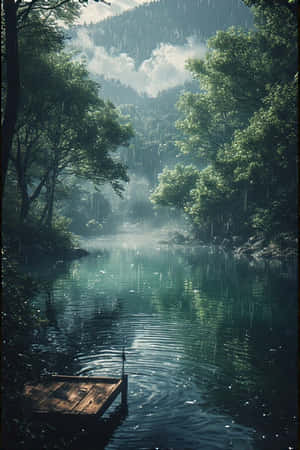 anime,ziwa,rain,msitu,kijani,mist,milima,dock,sawa,melancholic,asili,scenery,4K — iPhone 4 Picha ya Ukuta