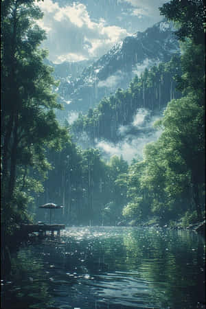 anime,ziwa,rain,msitu,kijani,mist,milima,dock,sawa,melancholic,asili,scenery,4K — iPhone 4 Picha ya Ukuta