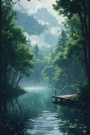 anime,ziwa,rain,msitu,kijani,mist,milima,dock,sawa,melancholic,asili,scenery,4K — iPhone 4 Picha ya Ukuta