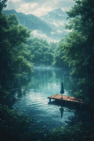 anime,ziwa,rain,msitu,kijani,mist,milima,dock,sawa,melancholic,asili,scenery,4K — iPhone 4 Picha ya Ukuta
