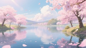 Ziwa la utulivu la anime lenye maua ya cherry na rangi laini za pastel. — Mandhari ya anime Picha ya Ukuta